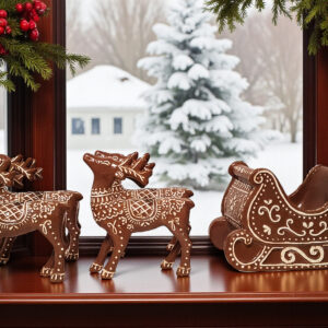 Pottery Barn Gingerbread Sleigh & 4 Reindeer Christmas Decor NIB Centerpiece